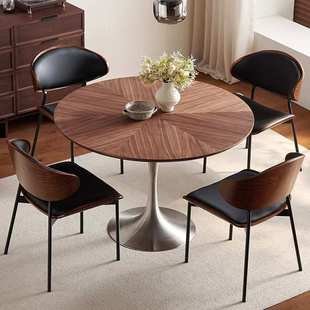 中古实木圆形餐桌小户型家用胡桃色拼花北欧复古法式洽谈桌圆桌