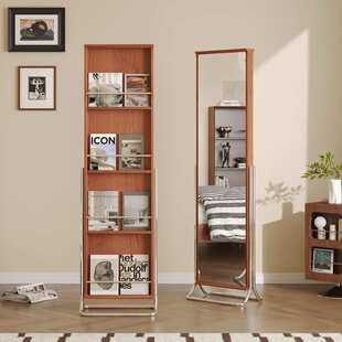 中古复古实木杂志架全身镜落地穿衣镜收纳展示卧室家用可移动镜子