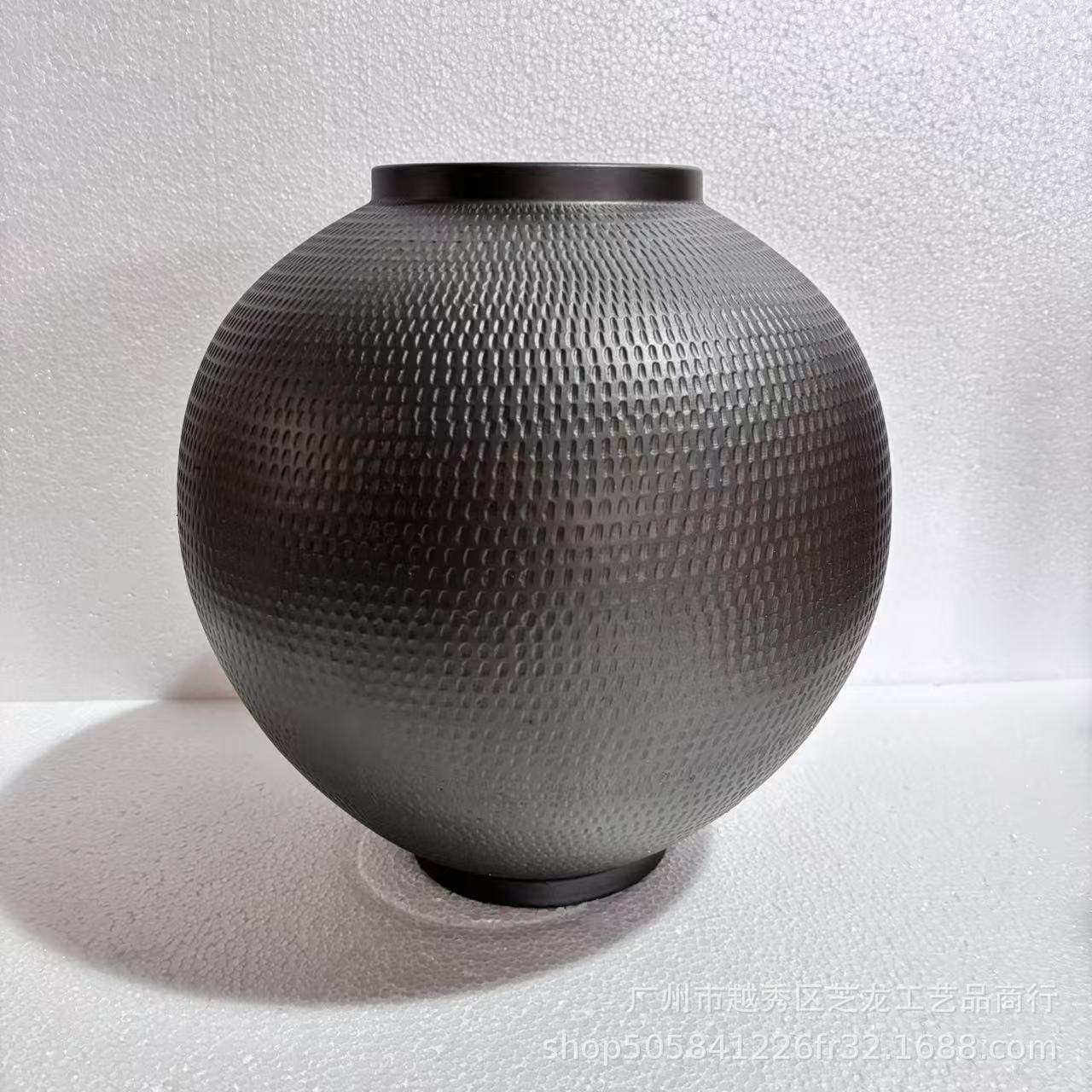 意境花盆中式复古禅意粗陶陶罐黑色陶瓷花瓶摆件客厅插花器酒店