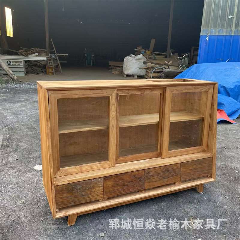 老榆木玻璃柜客厅餐边柜落地式茶水柜做旧门板收纳柜子实木储物柜