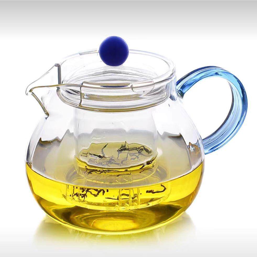 家用加厚耐热条纹泡花茶壶高硼硅带盖锤纹带把水壶茶水分离茶具