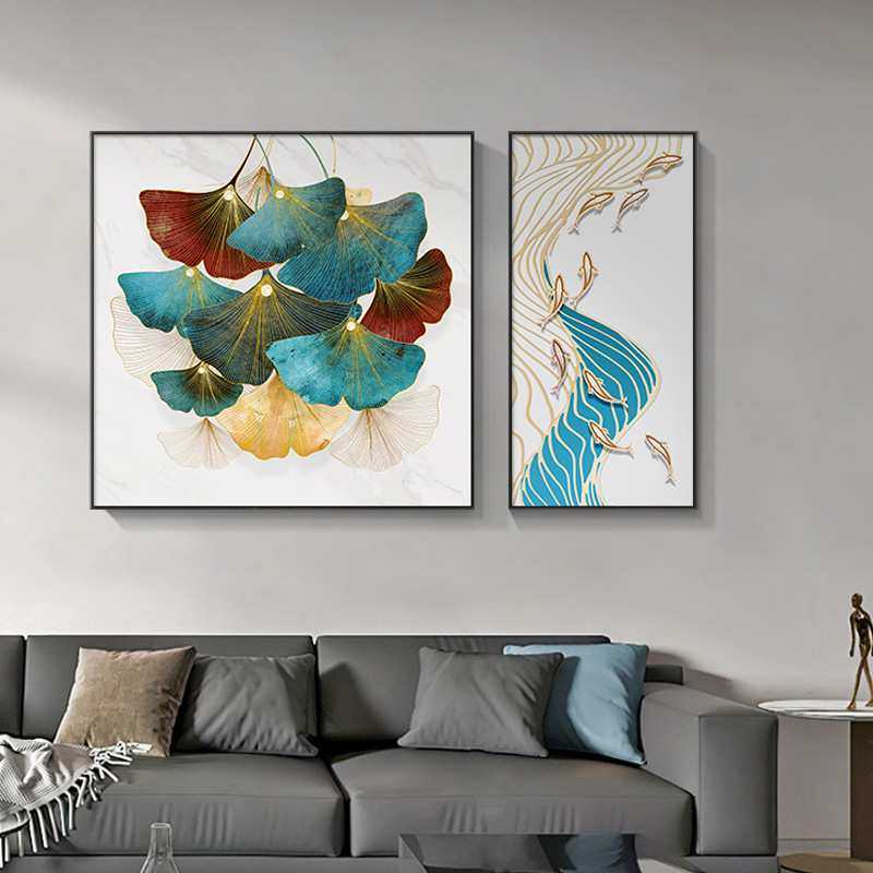 银杏叶九鱼图餐厅挂画现代简约客厅装饰画两联轻奢高档背景墙壁画,模玩/动漫/周边/娃圈三坑/桌游,模型制作工具/辅料耗材,淘宝优惠券,粉丝福利购,淘宝优惠卷