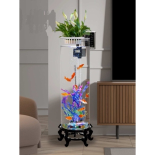 新款客厅落地圆柱形过滤充氧玻璃鱼缸养鱼水培一体带灯光充氧底座