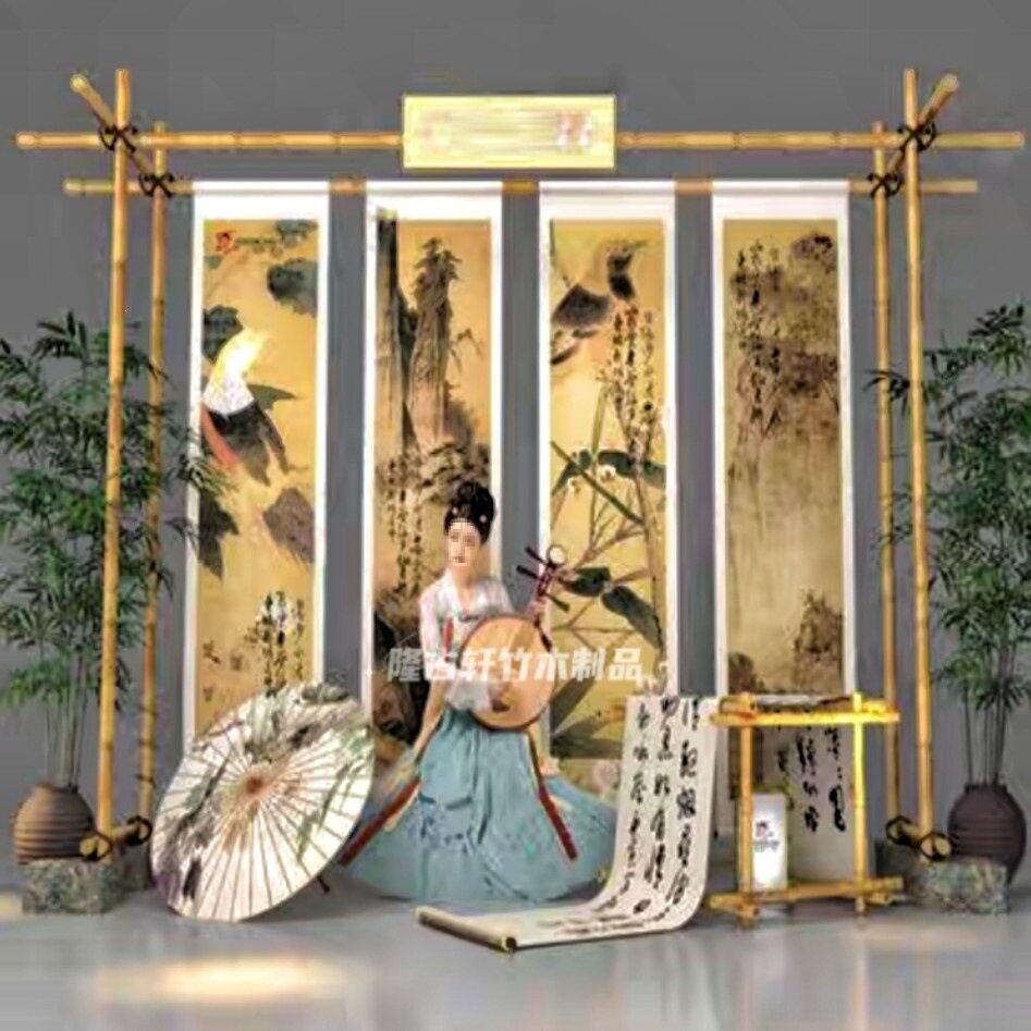 古风新中式装饰背景墙立体竹架子商业空间新中式场景陈列活动