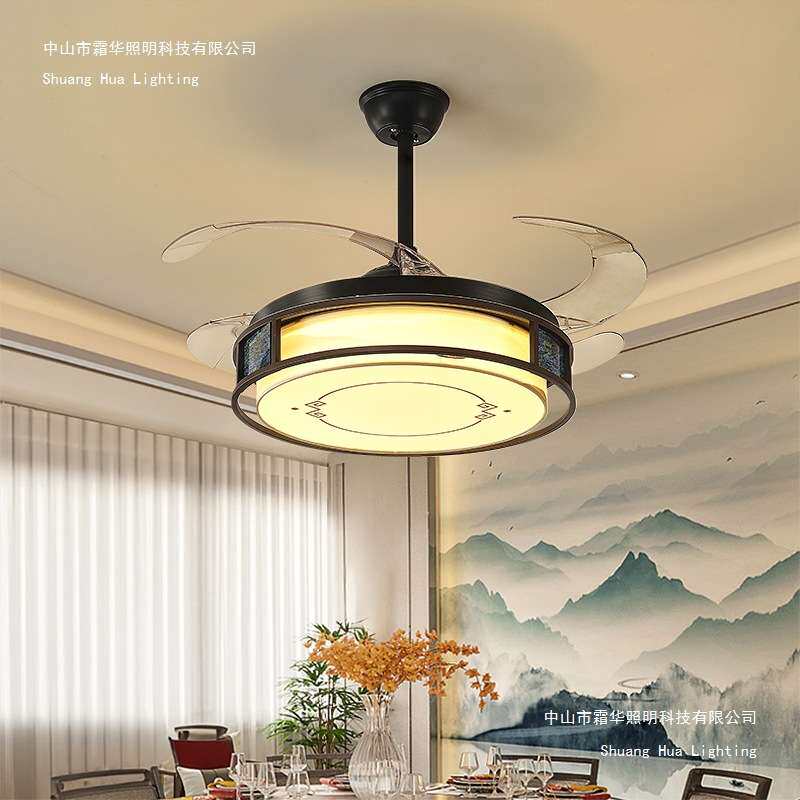 新中式餐厅灯隐形LED客厅风扇灯简约电扇灯家用主卧室静音吊扇灯
