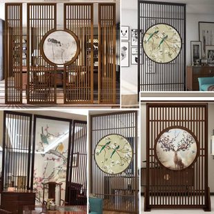 新中式现代客厅隔断玄关镂空雕花板实木装饰入户透明纱画屏风定制
