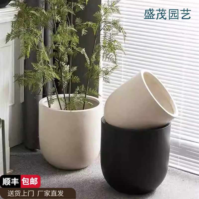 手工镁泥落地花盆极简酒杯型大口黑金刚花器客厅民宿商场别墅摆件