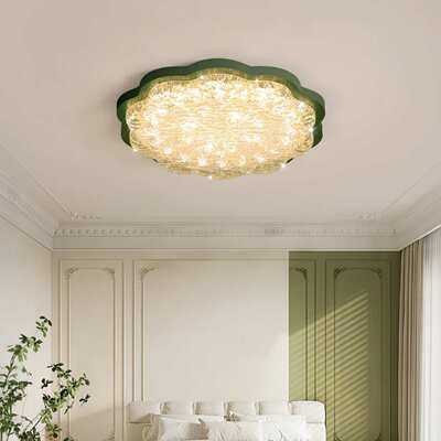 卧室吸顶灯奶油风绿色花形金箔树脂轻奢感现代简约护眼房间灯