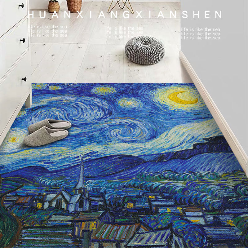 梵高星空皮革入户地垫pvc油画地毯门垫玄关脚垫防滑可擦洗定制