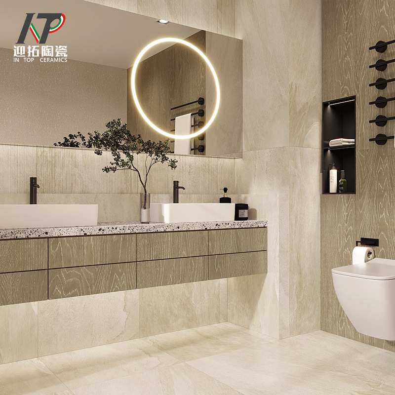 高端全瓷亚光仿古砖砂岩面米黄色卫生间瓷砖600x1200背景墙拉