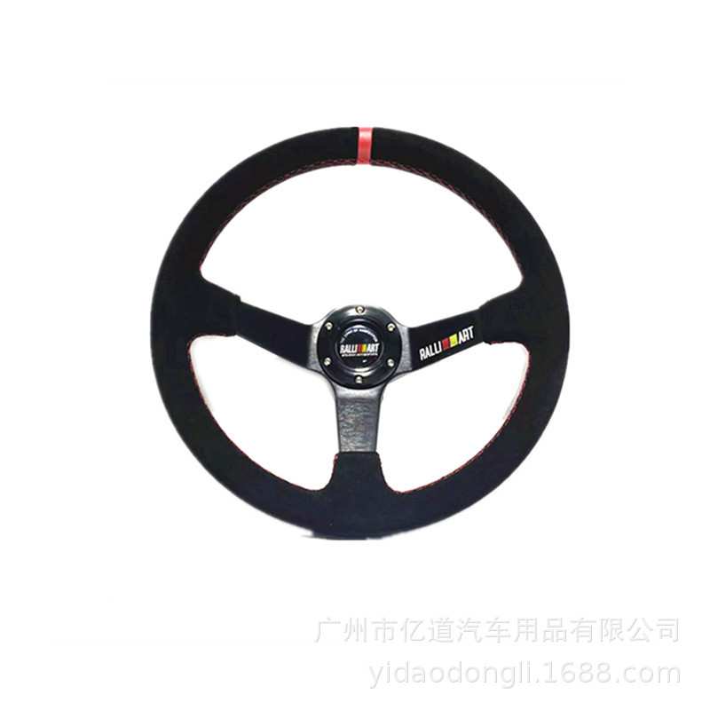 RALLART 14寸绒皮汽车改装方向盘 跑赛道 越野通用深凹方向盘