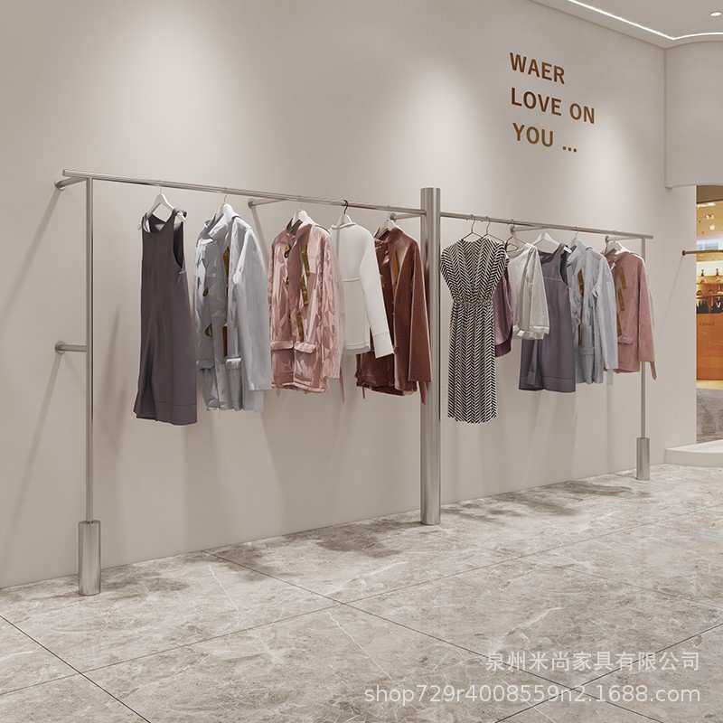不锈钢单杆式银色男女服装专用上墙架大圆管展示架买手店挂衣杆