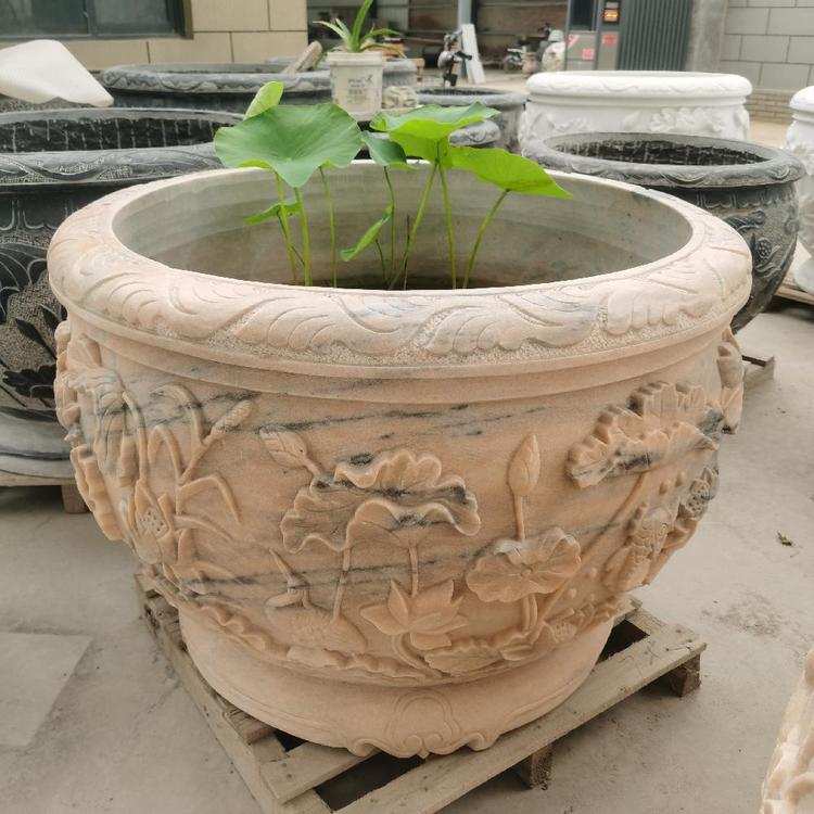 石雕鱼缸花盆青石仿古石缸荷花石盆庭院石头养鱼圆盆水缸摆件