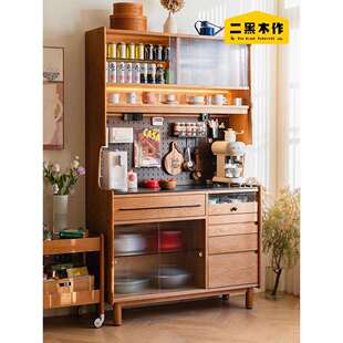 二黑木作实木岩板樱桃木一体高柜餐厅收纳咖啡柜定食餐边柜2代