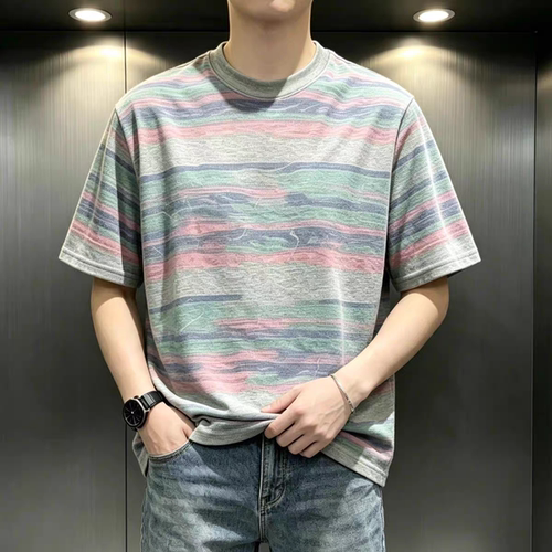 夏季撞色条纹短袖男T恤舒适