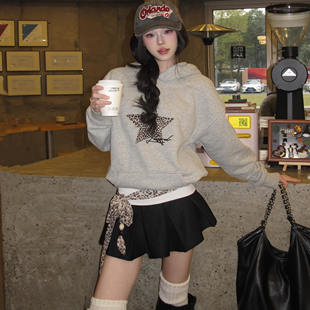 复古豹纹星星连帽纯棉卫衣女灰色宽松加绒加厚vibe风上衣