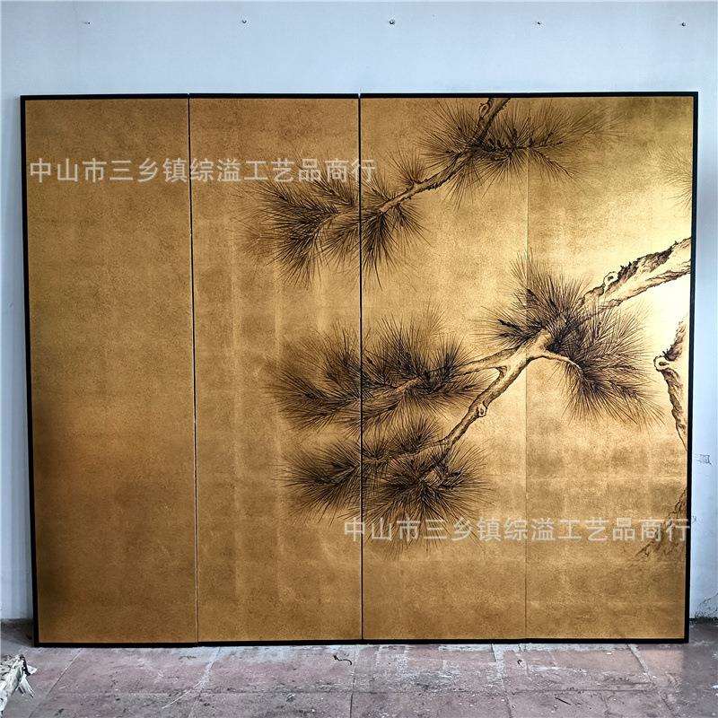 新中式会议厅待客厅酒店大堂背景隔断可移动折屏金箔屏风手绘松树