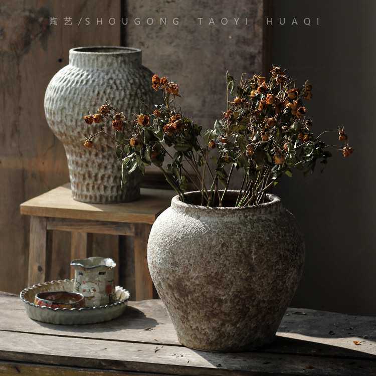 复古陶瓷花瓶日式侘寂风陶罐客厅装饰插干花粗陶花器摆件植物花盆