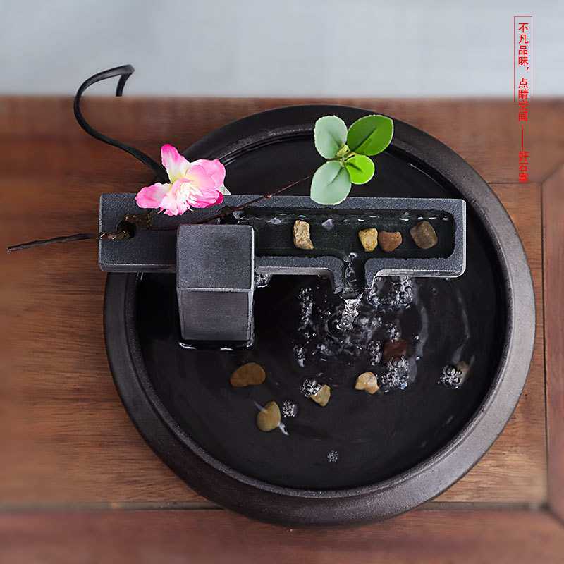 好石寨陶瓷圆形流水摆件茶室桌面收银台循环流水生财乌金石出水口