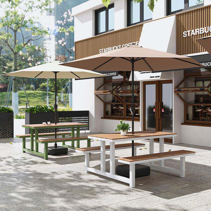户外商业街公司售楼部休闲桌椅组合奶茶咖啡店一体式带伞塑木桌椅