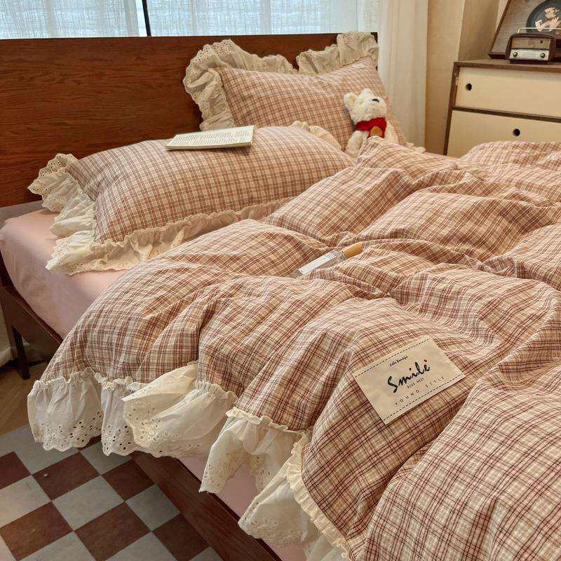 韩系少女心博主风花边色织全棉四件套纯棉床单被套床笠宿舍三件套