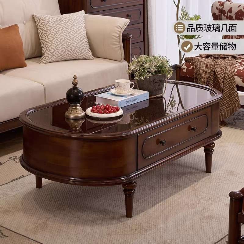 美式中古风实木茶几家用客厅桃花芯木茶几结实耐用好看