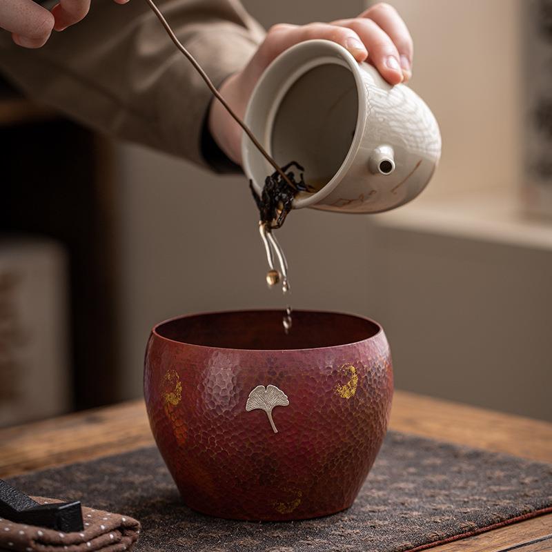 手工铜锤纹茶洗日式建水茶钵干泡茶渣桶紫铜镶银茶杯水盂笔洗