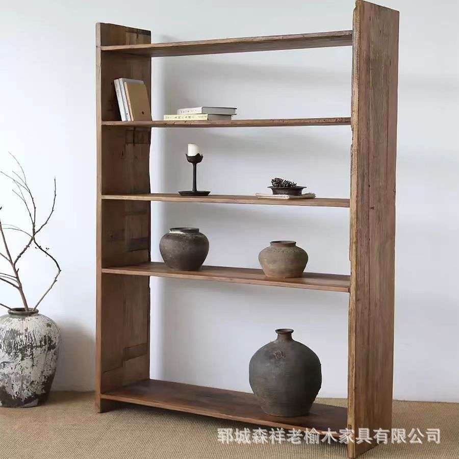 老榆木置物架原木书架禅意茶室储物柜花瓶摆件落地茶具实木博古架