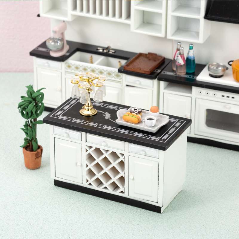 娃娃屋dollhouse厨房过家家微缩食玩模型白色现代厨房柜子三件套