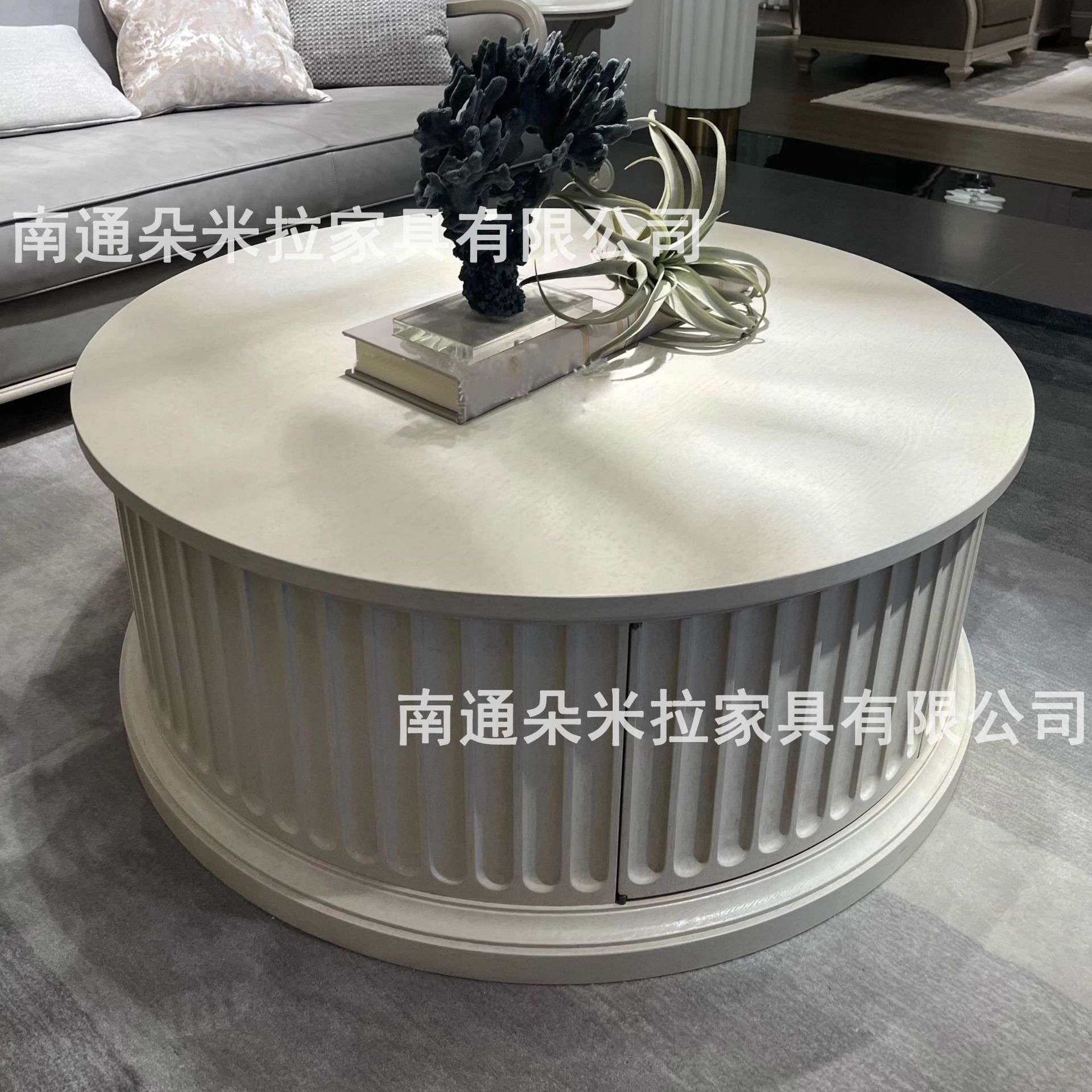 北美之家系列实木茶几美式复古白圆形茶桌客厅橡木带抽屉咖啡桌