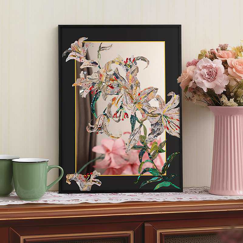 新中式百合花卉镜子画客厅装饰抽象高级感油画彩色中古玄关装饰画