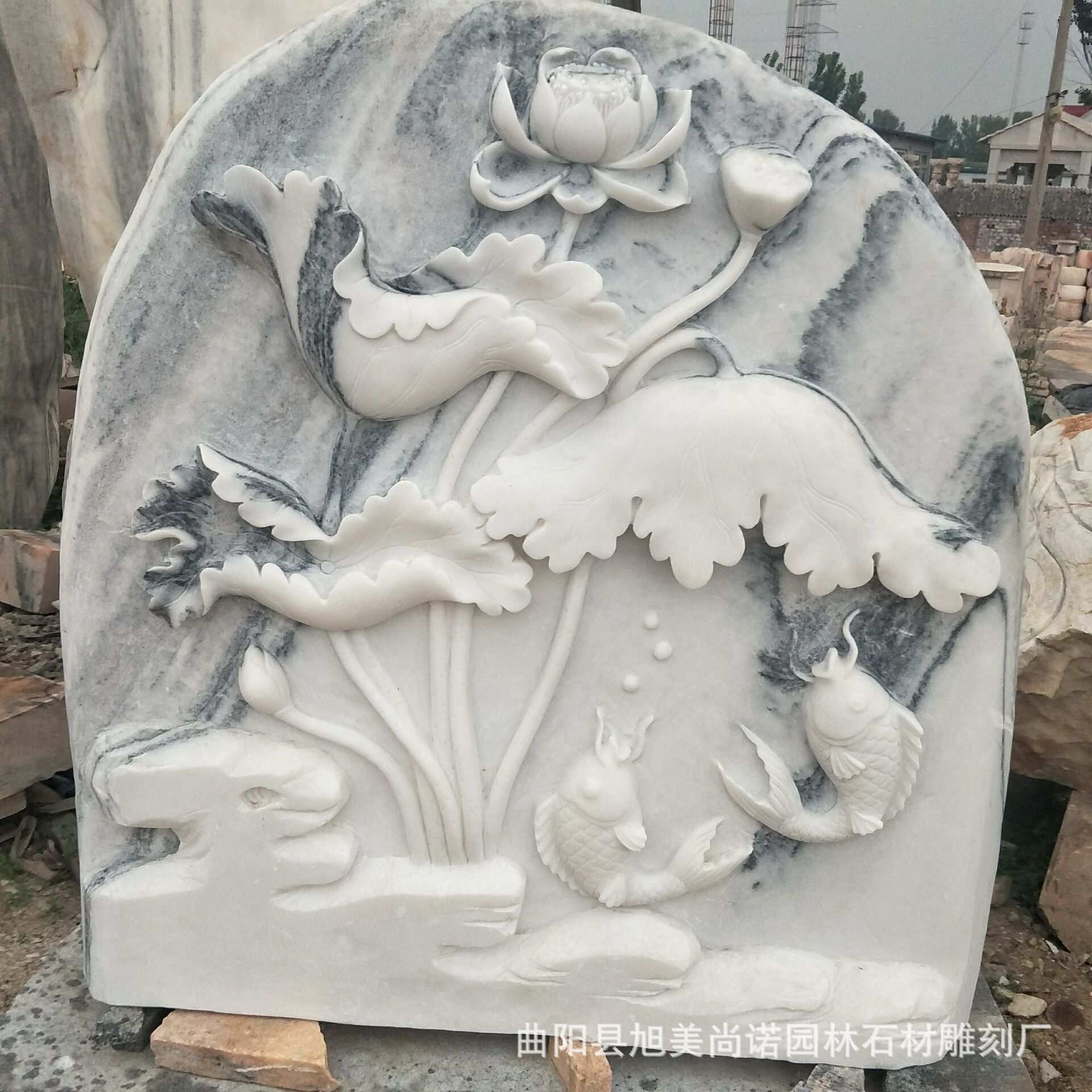 旭美厂家销售石雕荷花壁画浮雕 汉白玉景观浮雕雕塑 广场石雕景观