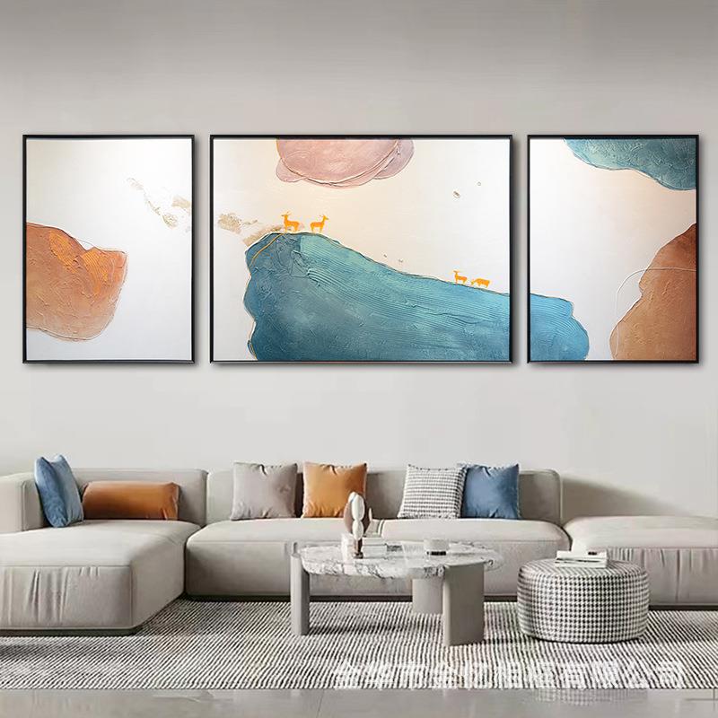 石来运转纯手绘现代简约抽象色块装饰画客厅三联立体油画肌理挂画