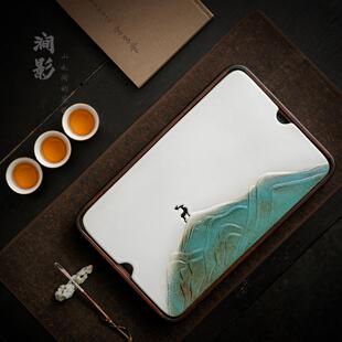 简约陶瓷面板茶盘家用蓄水沥水干泡小茶台陶瓷茶海轻奢高档茶托盘