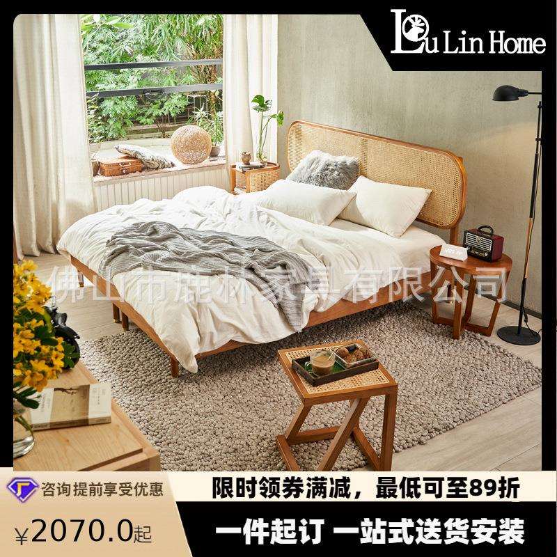 北欧天然真藤双人床民宿现代简约藤编床创意家用卧室实木床1.8米