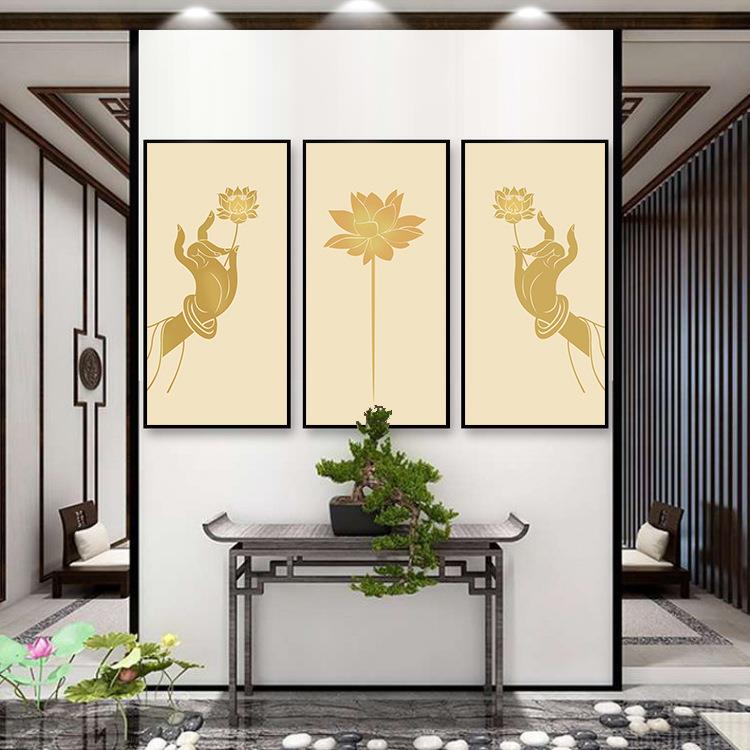 新中式禅意壁画佛手莲花装饰画客厅三联画茶室竖版水墨画玄关挂画