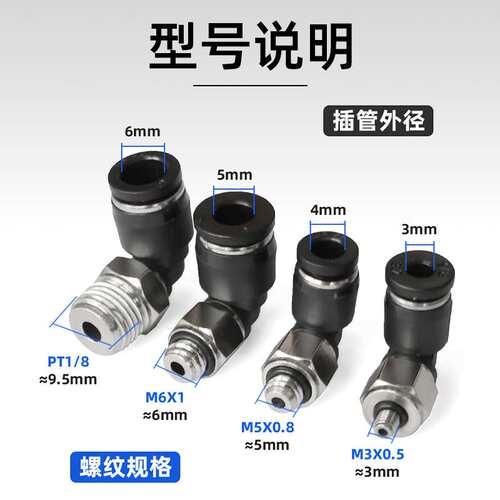 气管微型气动迷你快插接头PL螺纹弯头M3/M5/M6牙插3/4/5/6mm管