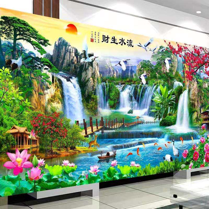 ā流水生财十字绣成品纯手工绣好的迎客松聚宝盆新款客厅风景山水
