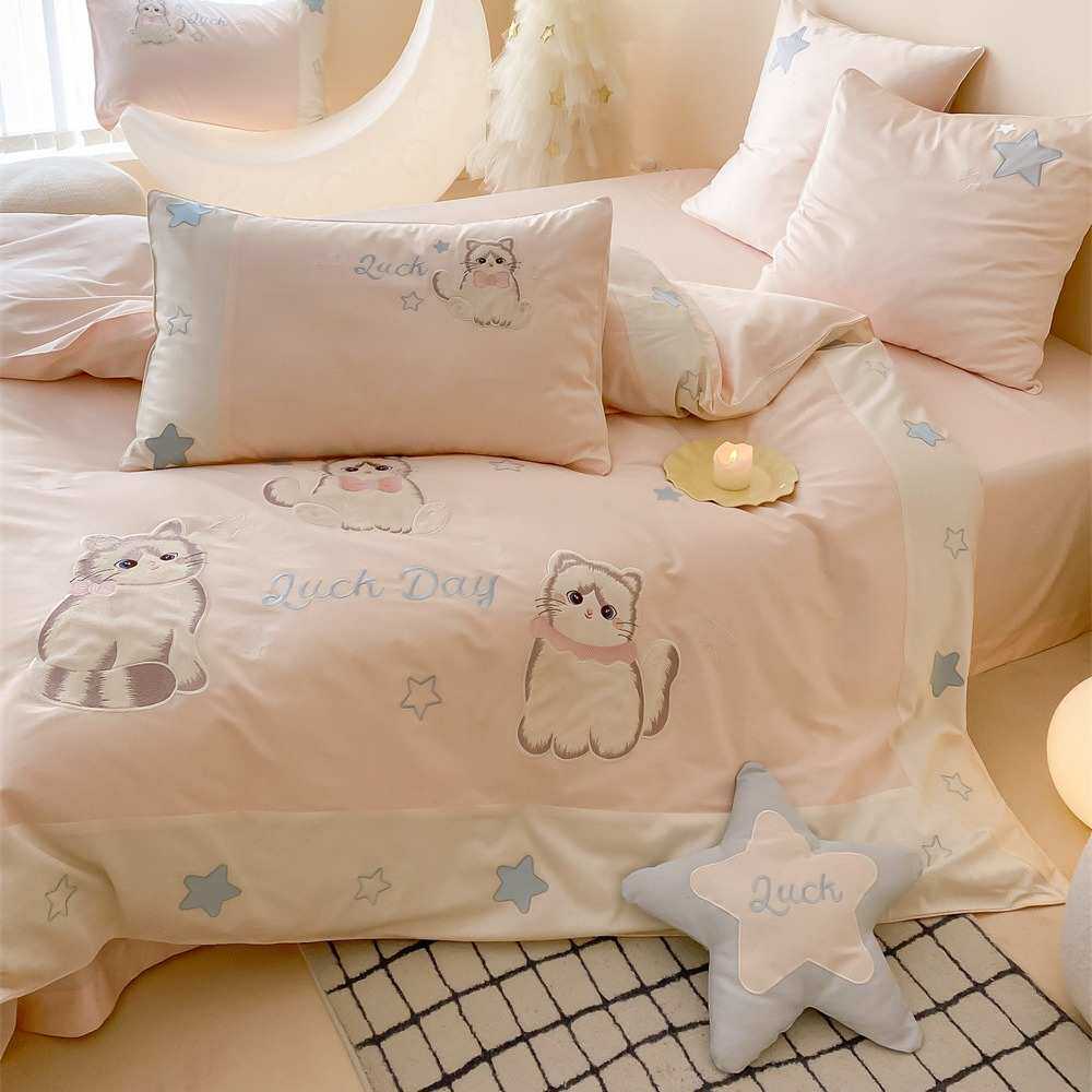 少女心夏季凉感天丝棉四件套可爱小猫刺绣贴布绣被套1.8m床品