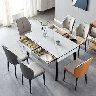 现代简约实木岩板餐桌椅组合带储物抽屉家用长方形玉晶石吃饭桌子