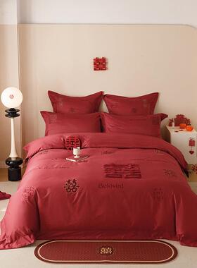 新中式婚庆床品100支全棉四件套红色喜字刺绣结婚被套床单1.5/8m