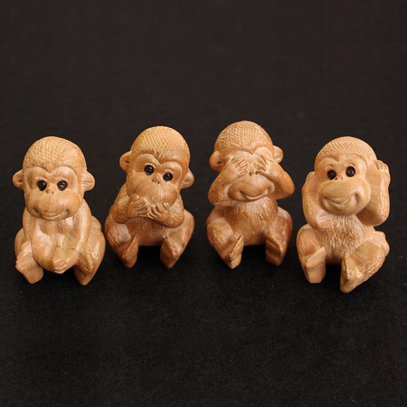 桃木四不猴子小摆件木雕十二生肖猴手把件家居客厅装饰工艺品