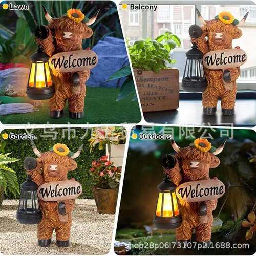 跨境新品 Solar Highland Cow Outdoor Statue with Lantern