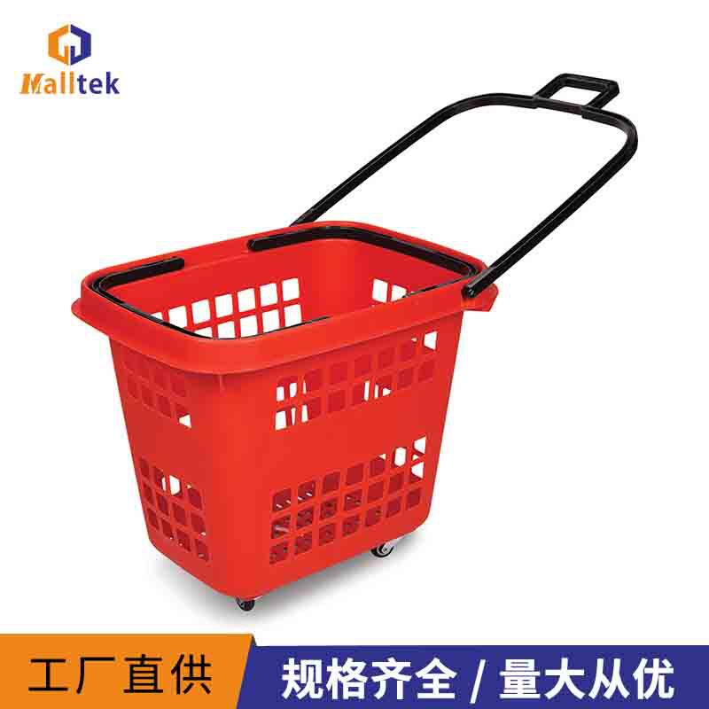 供应80L超市大号塑料篮四轮加大购物篮塑料购物拉杆蓝直销