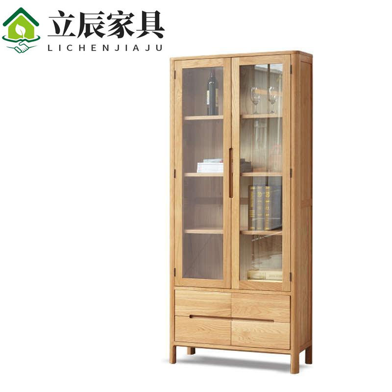 日式流云纯实木书柜红橡木置物架现代北欧书房带玻璃门书架展示