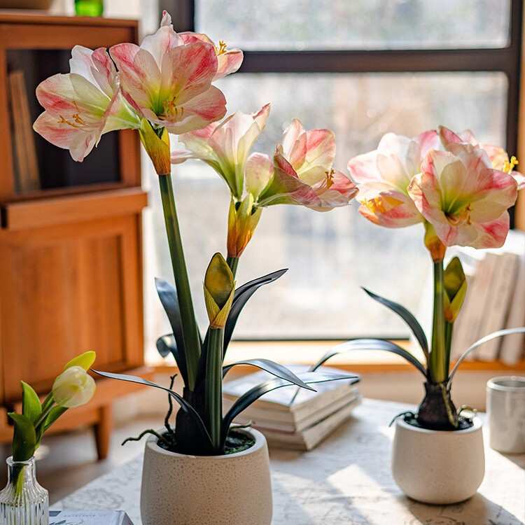 高端仿真花朱顶红保湿手感假花餐桌简约花艺客厅室内装饰盆栽摆件