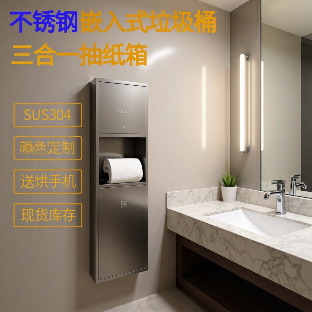 拉丝嵌入式304不锈钢三合一擦手纸架抽纸箱纸巾架垃圾桶带烘手机