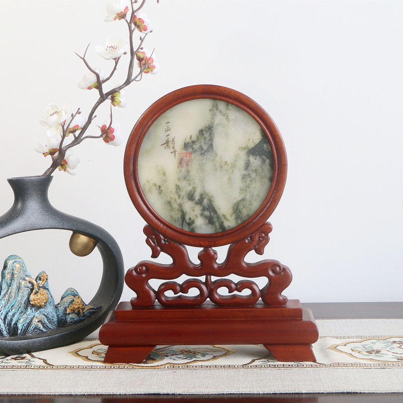 花梨木屏风圆形复古东阳木雕嵌天然大理石插屏台屏小屏风摆件