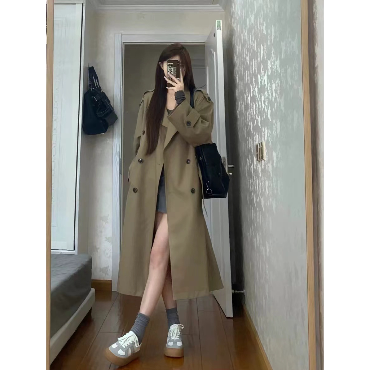 高级感西装领卡其风衣外套女春秋新款气质宽松双排扣中长款大衣服