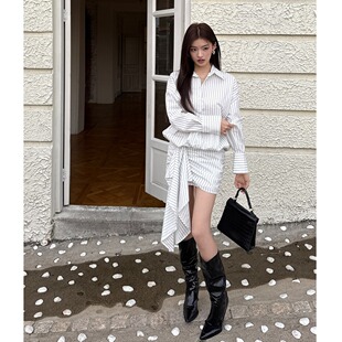 实拍2026春夏新款 连衣裙女气质休闲时髦设计衬衣包臀裙子 条纹衬衫